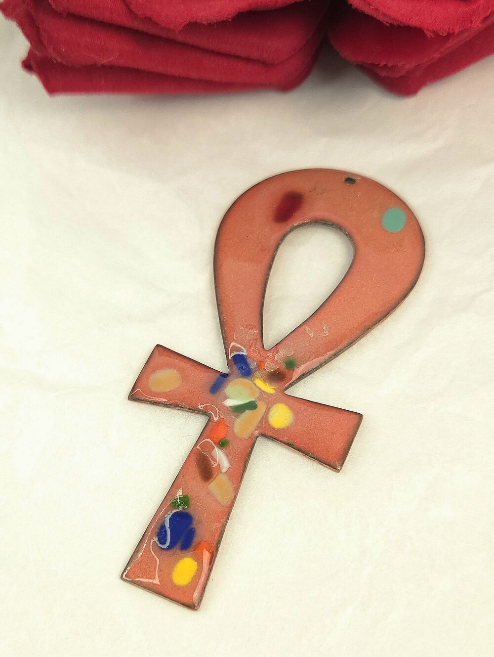 Vintage Confetti Enamel Cooper Ankh Pendant Sign J Tigrett Egyptian Life Symbol